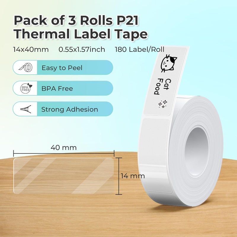 Nelko شريط طباعة الملصقات الأصلي P21، ورق طباعة ملصقات متكيف، 14x40 مم (0.55"x1.57"), شريط ملصقات مكتبي قياسي مغلف بديل، متعدد الاستخدامات P21، 180 ملصق/لفة، 3 لفات، شفاف - Image 2